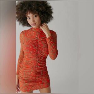 Lisa Says Gah- Long Sleeve Ruched Bodycon Mini Dress, Red, Size XL